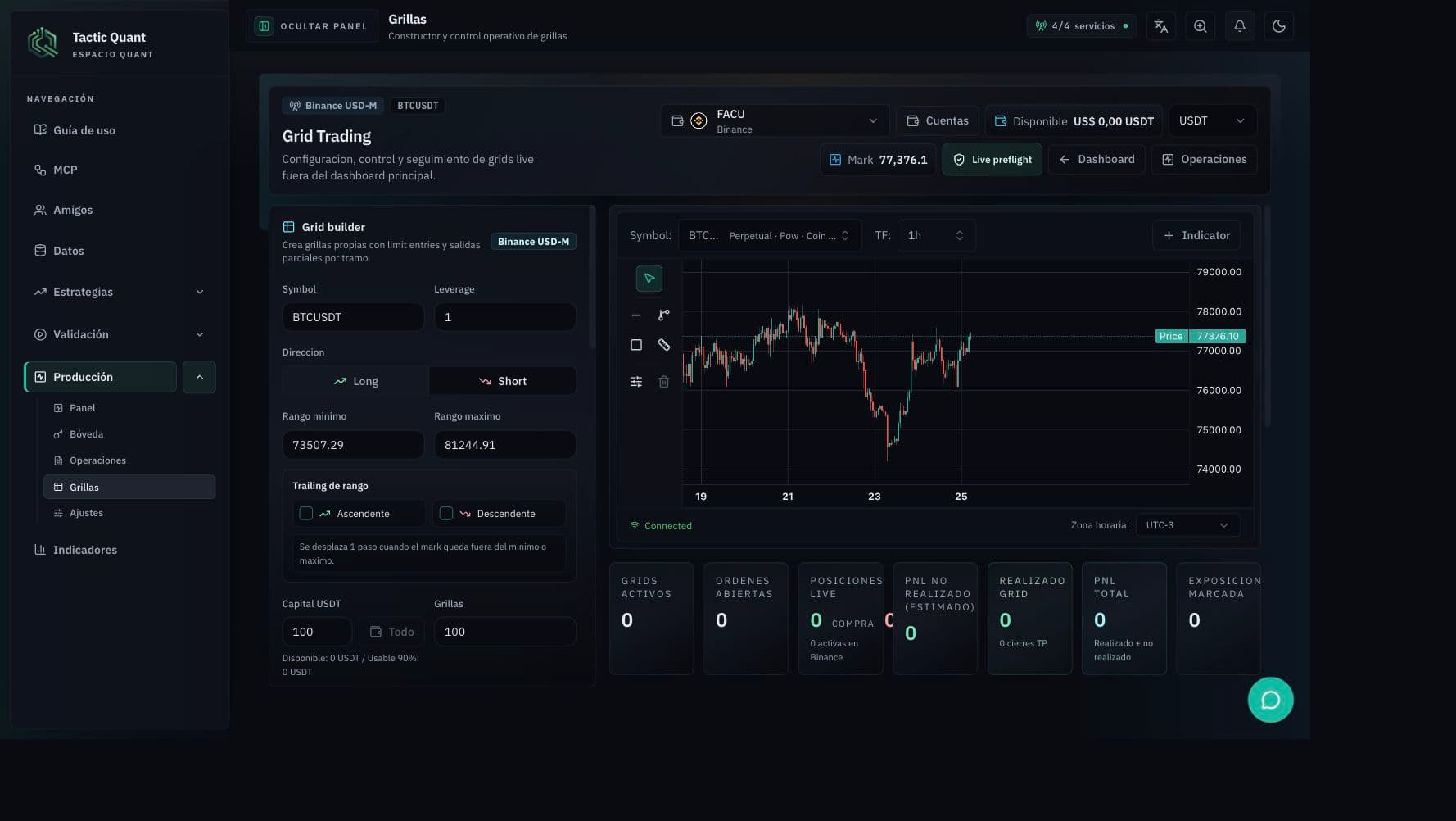 Modulo Grid Trading de CSE Quant con formulario de rango, chart y controles de grillas.