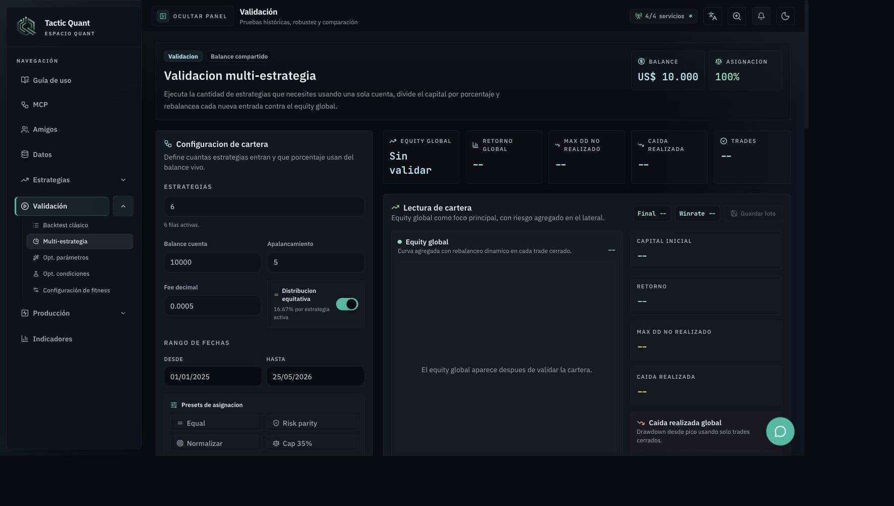 Modulo multi-estrategia de CSE Quant con seleccion de cartera, metricas y panel de convivencia.