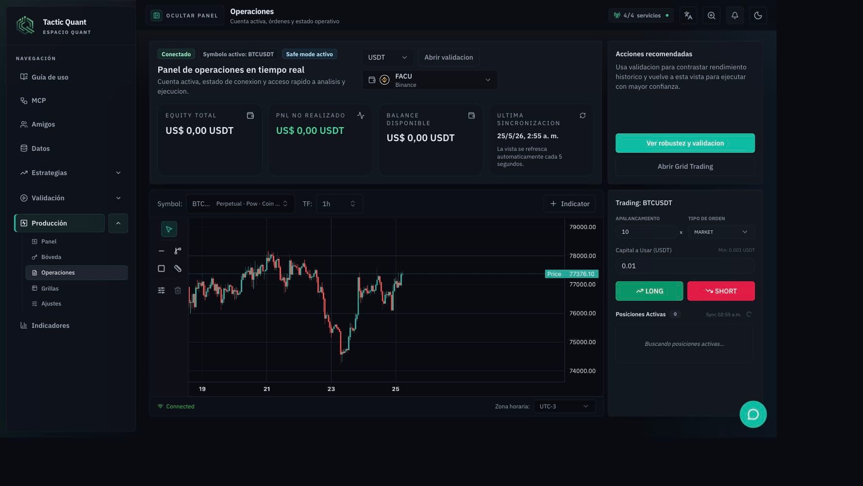 Panel de operaciones de CSE Quant con estado de cuenta, grafico live y botones long short.