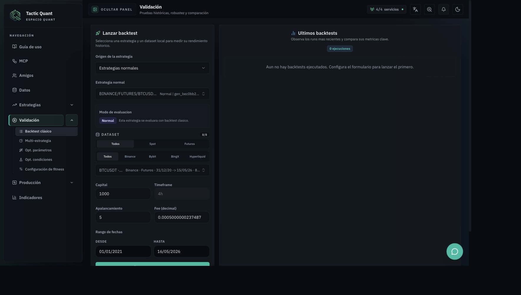 Pantalla de validacion de CSE Quant con formulario para lanzar backtest y panel de ultimos backtests.