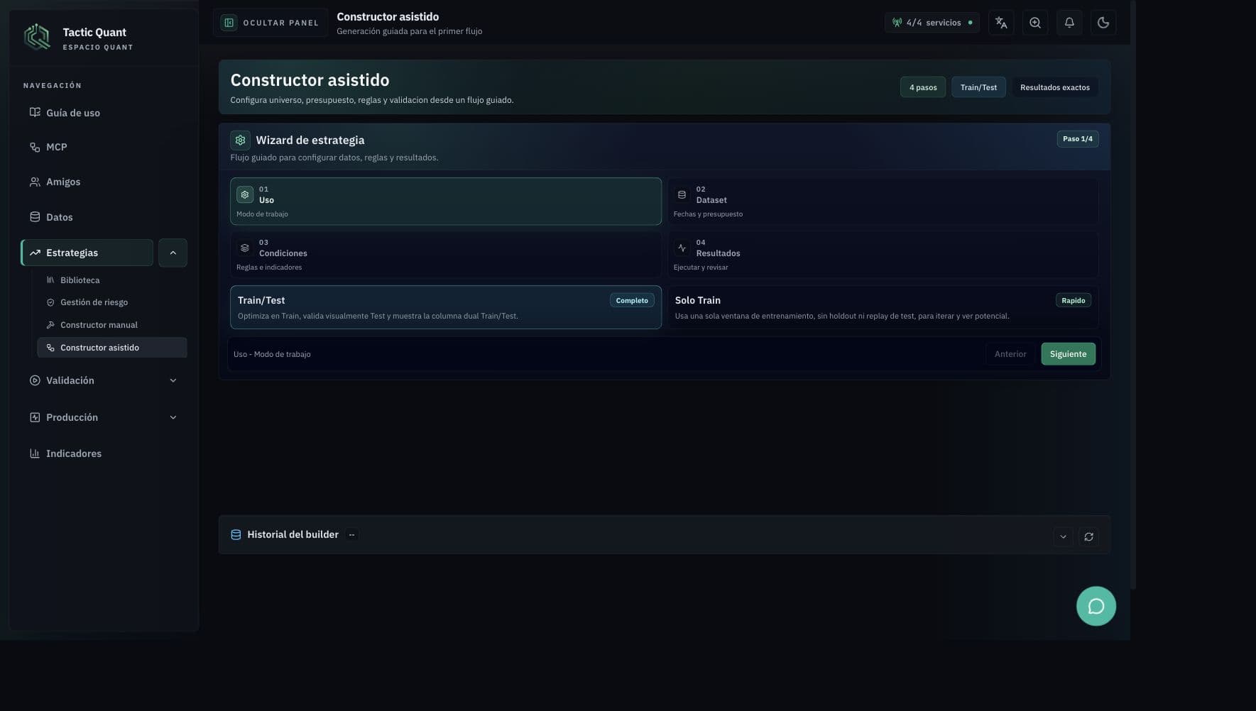 Constructor asistido de CSE Quant con wizard de pasos, dataset, restricciones y ejecucion.