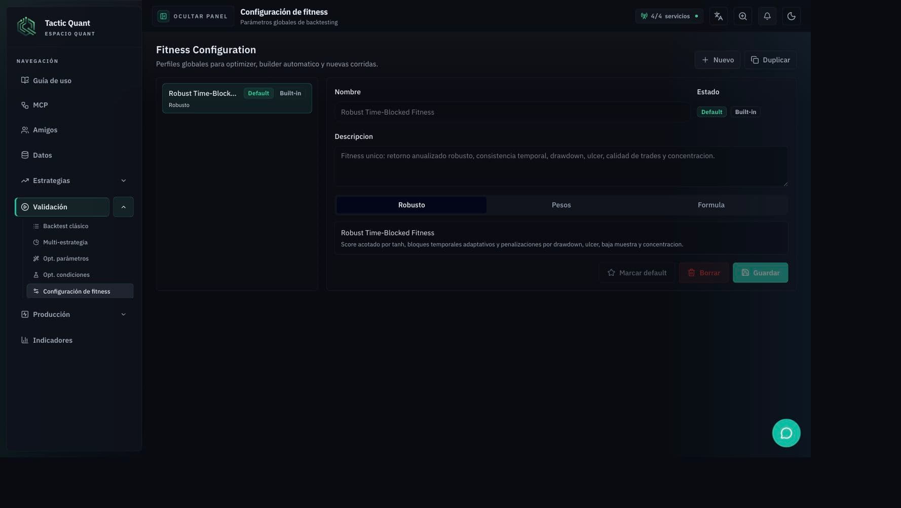 Configuracion de fitness de CSE Quant con perfil, pesos y formula.