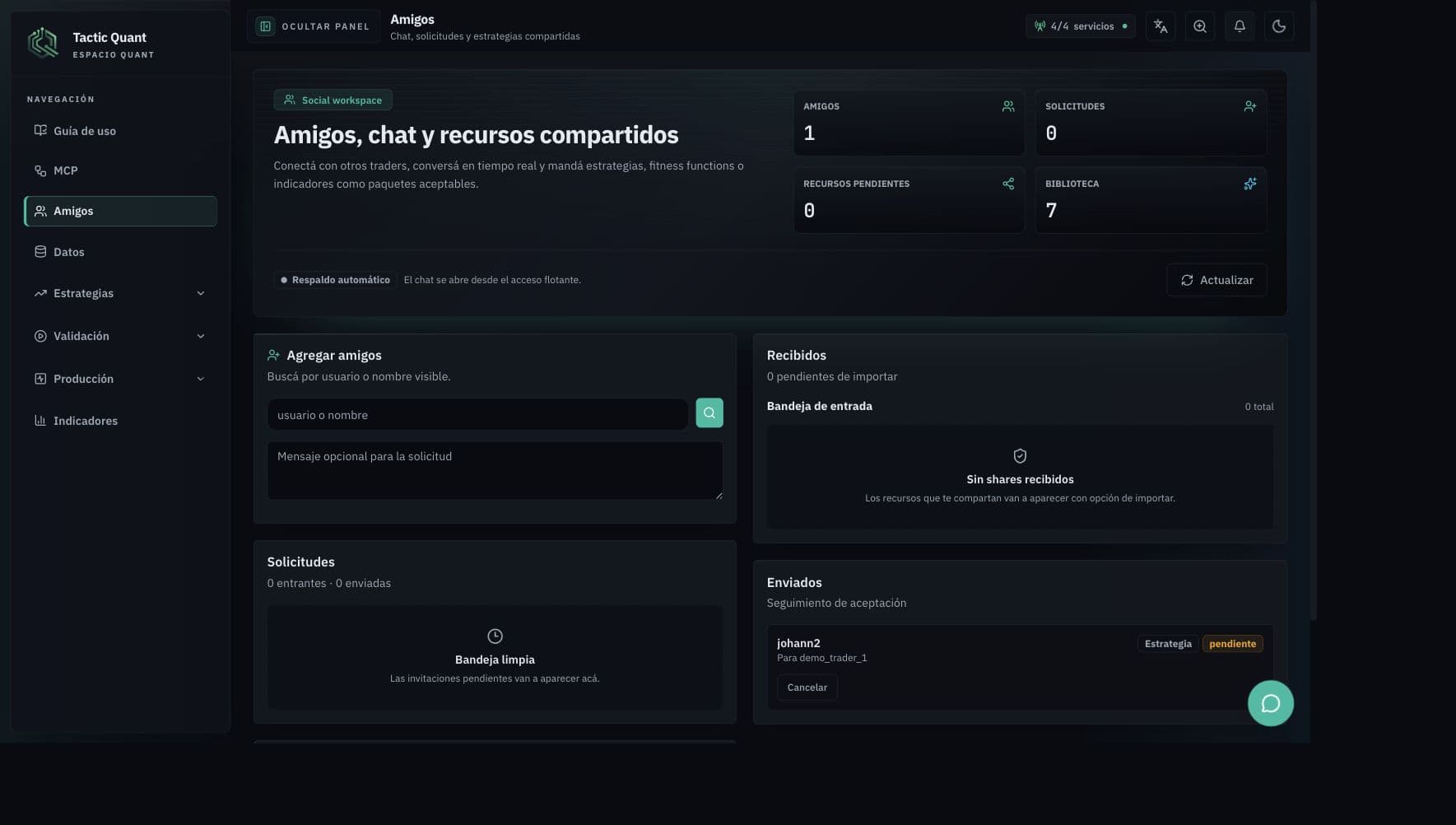 Modulo Amigos de CSE Quant con estadisticas sociales, busqueda, recibidos y enviados.
