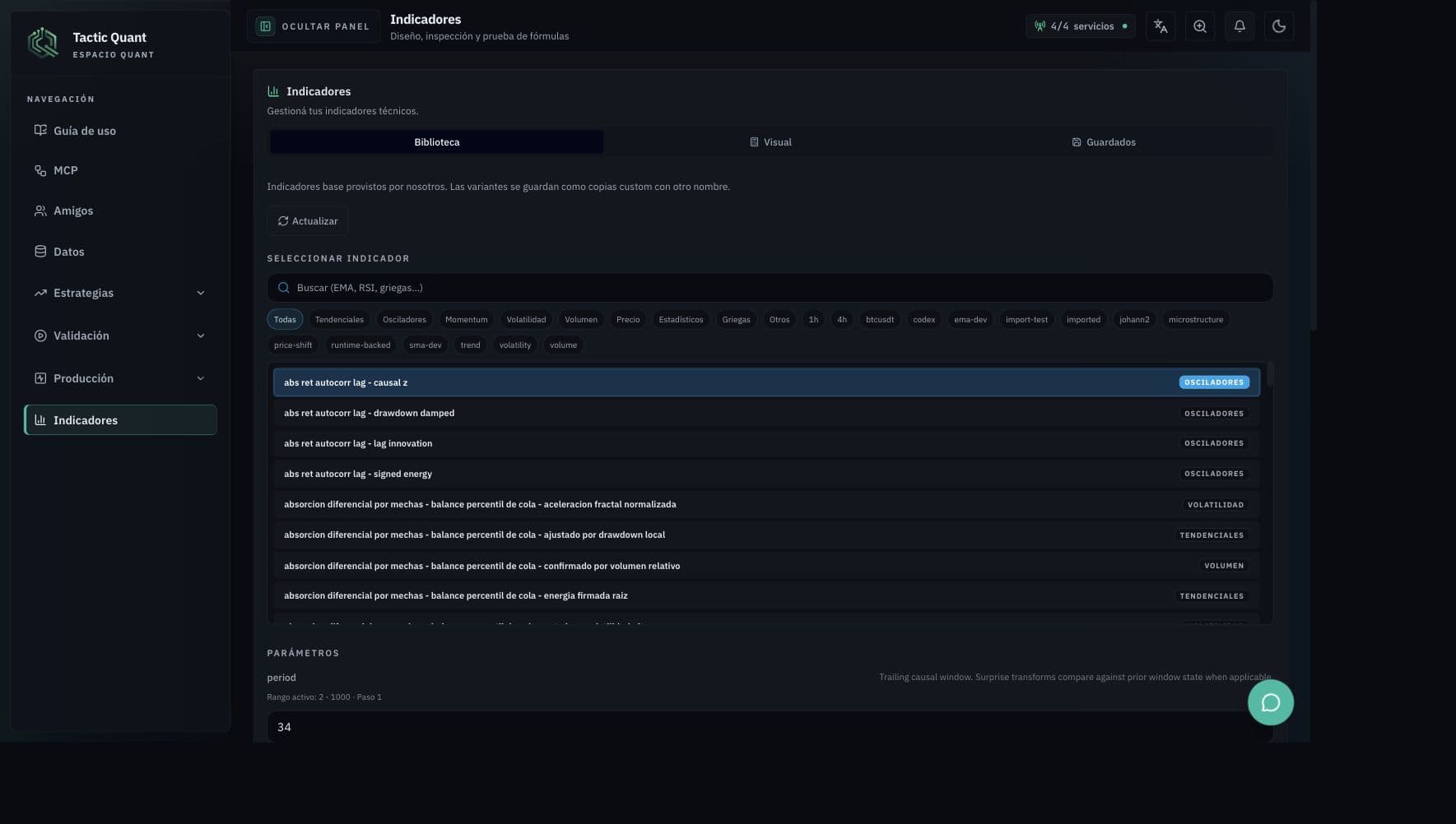 Modulo de indicadores de CSE Quant con busqueda, dataset y preview visual.