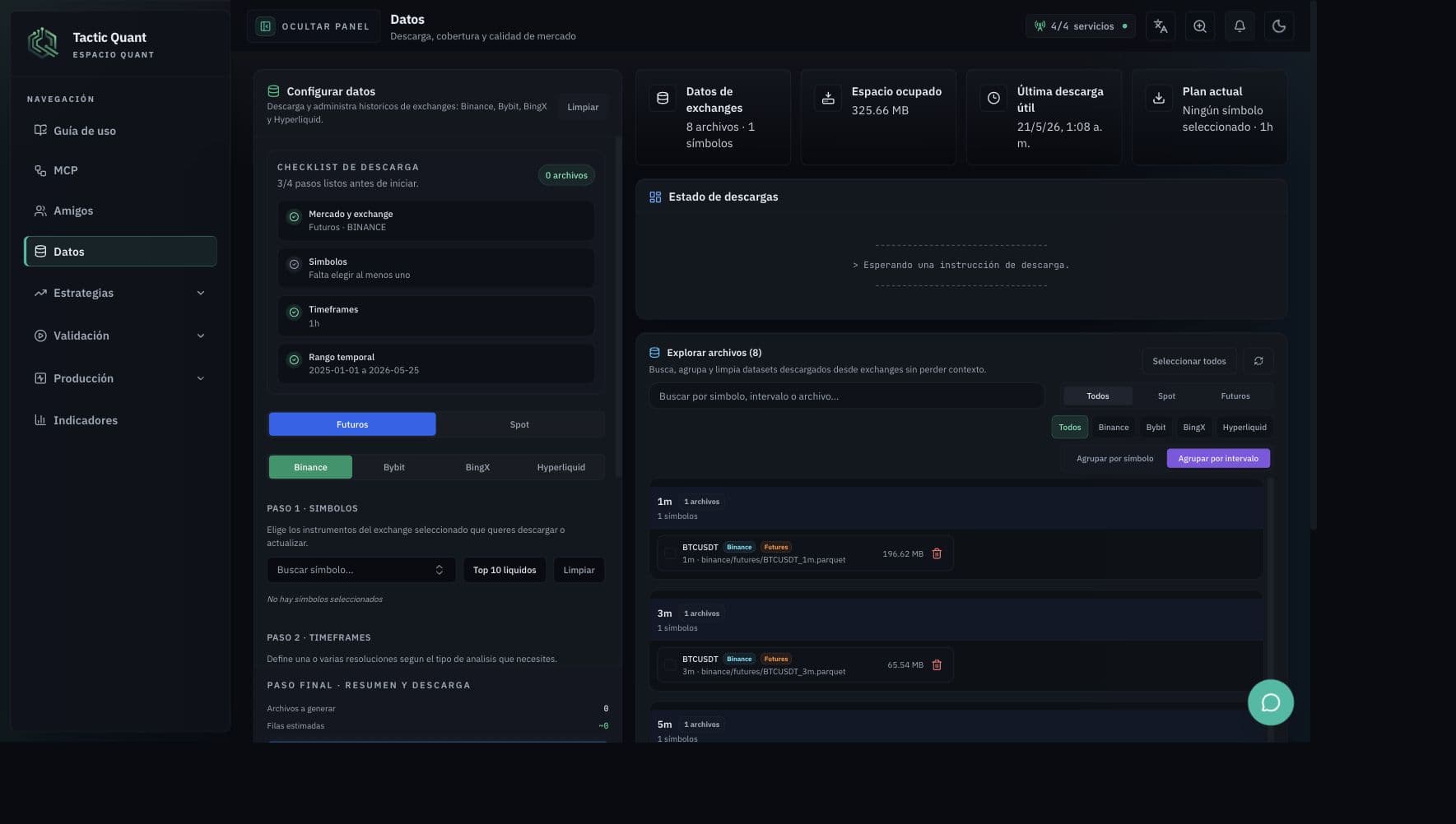 Pantalla de datos historicos de CSE Quant con configuracion de descarga y archivos persistidos.