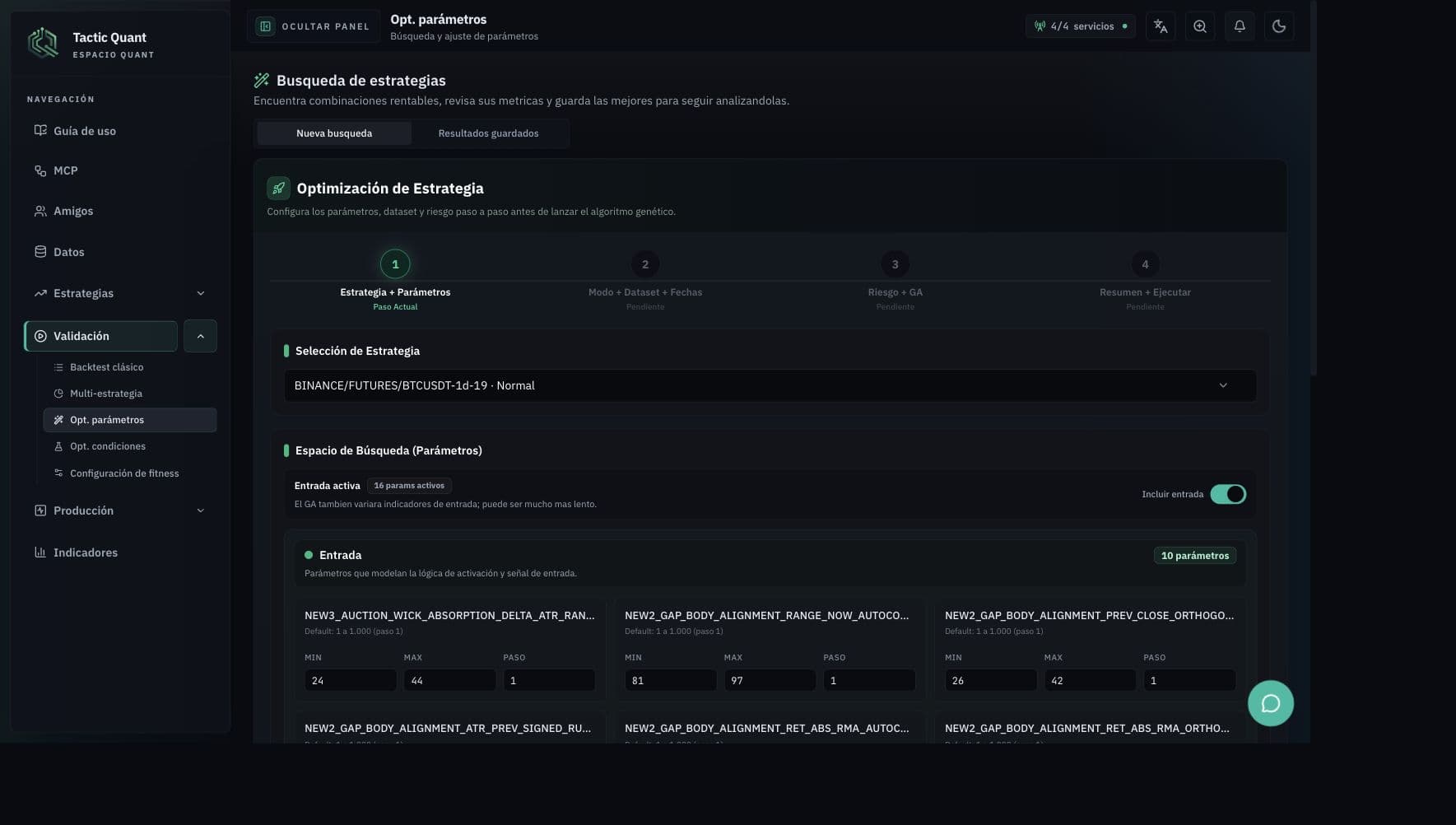 Optimizador de parametros de CSE Quant con pasos, estrategia base y rangos de busqueda.