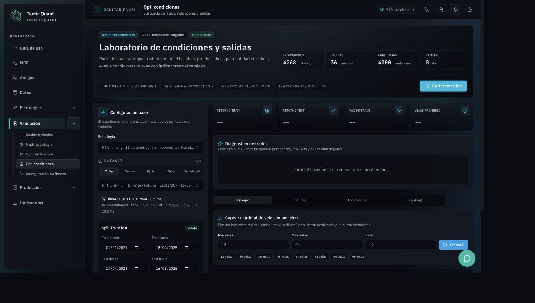 Optimizador de condiciones de CSE Quant con baseline, dataset y variantes de filtros.