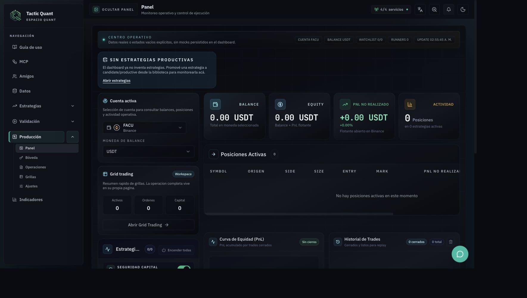 Dashboard operativo de CSE Quant con cuenta activa, balance, posiciones y estrategias live.