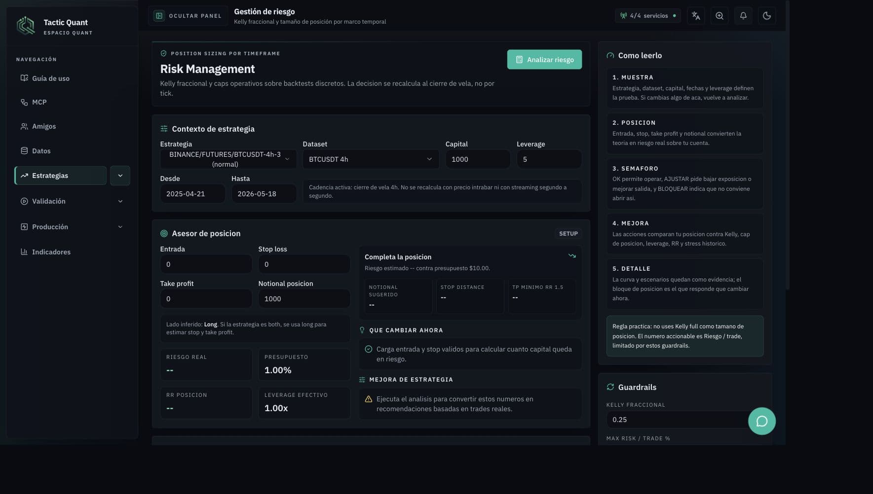 Modulo de gestion de riesgo con contexto de estrategia, asesor de posicion y guardrails.