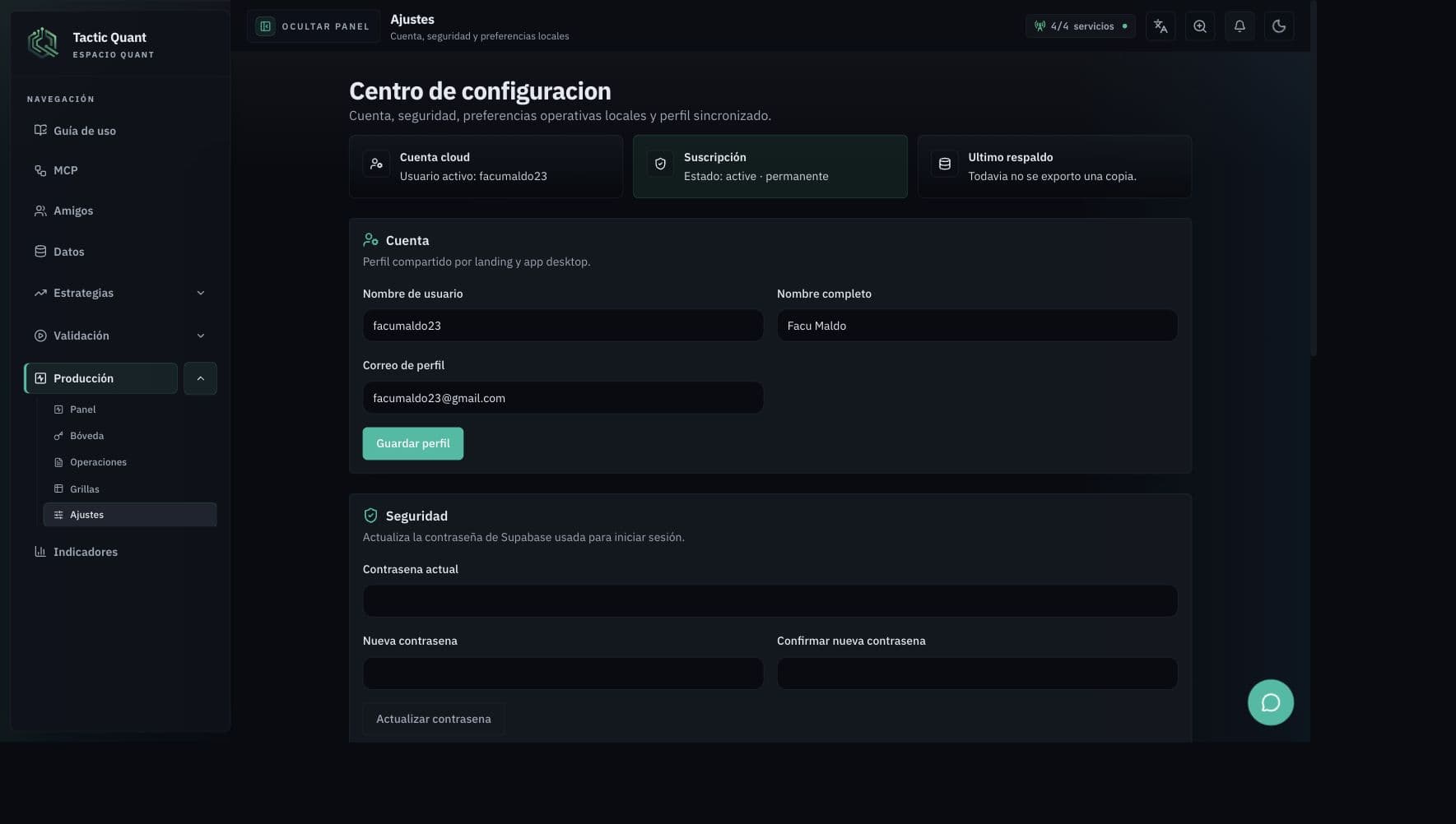 Centro de configuracion de CSE Quant con perfil, suscripcion, respaldo y seguridad.