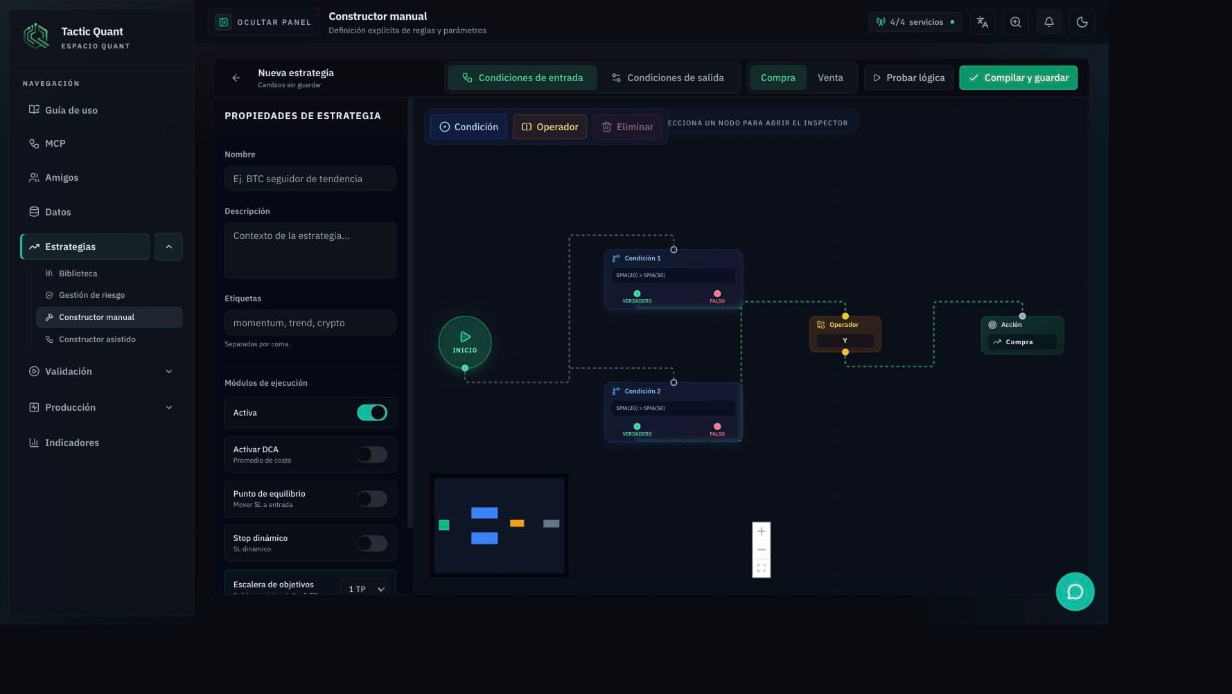 Constructor manual de CSE Quant con propiedades de estrategia, canvas de condiciones y accion de compilar y guardar.