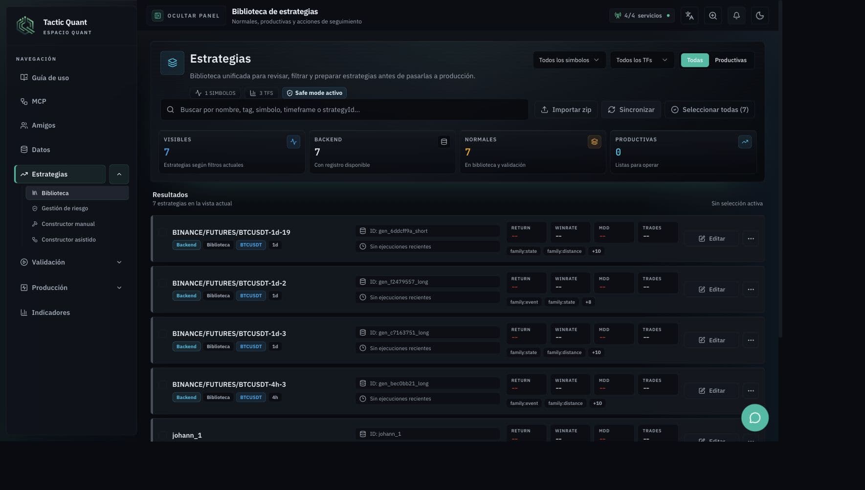 Biblioteca de estrategias de CSE Quant con filtros, contadores y filas de estrategias.