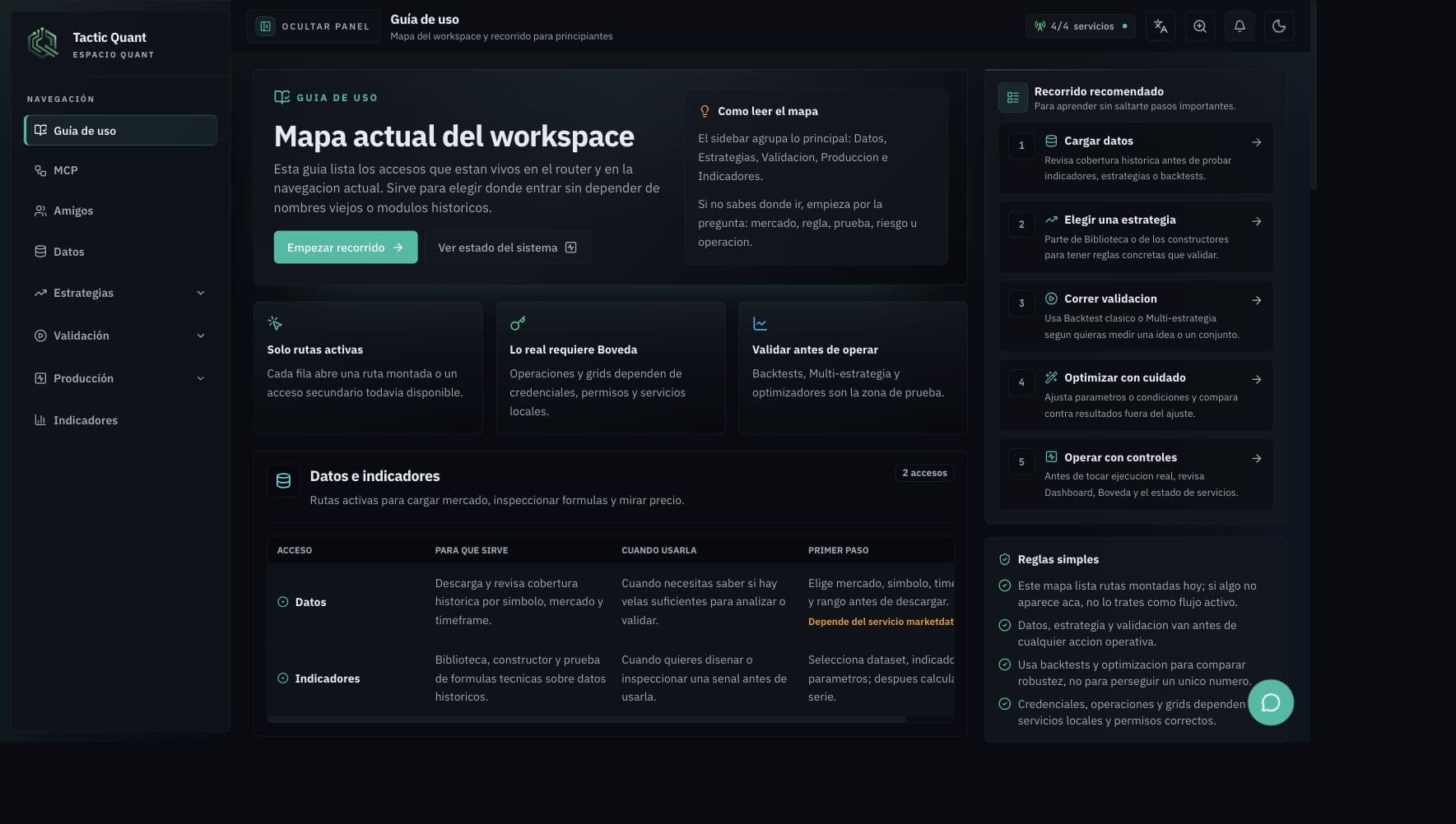 Guia de uso de CSE Quant con mapa del workspace y recorrido recomendado.