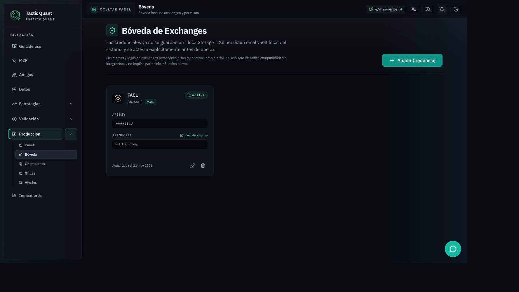 Boveda de exchanges de CSE Quant con credencial activa, API key enmascarada y vault local.